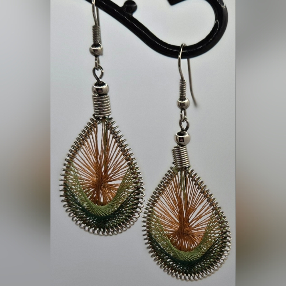Peruvian String Art Earrings with Green & Brown Thread Design Dangle 1.5" Drop